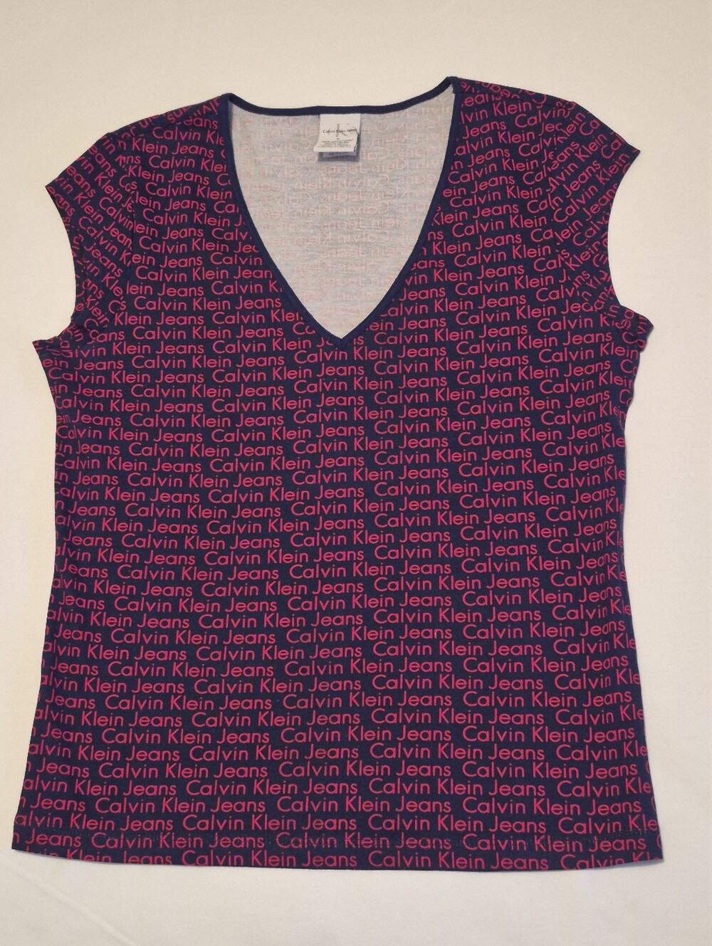 Calvin Klein Jeans Pink and Navy V-Neck Logo Tee